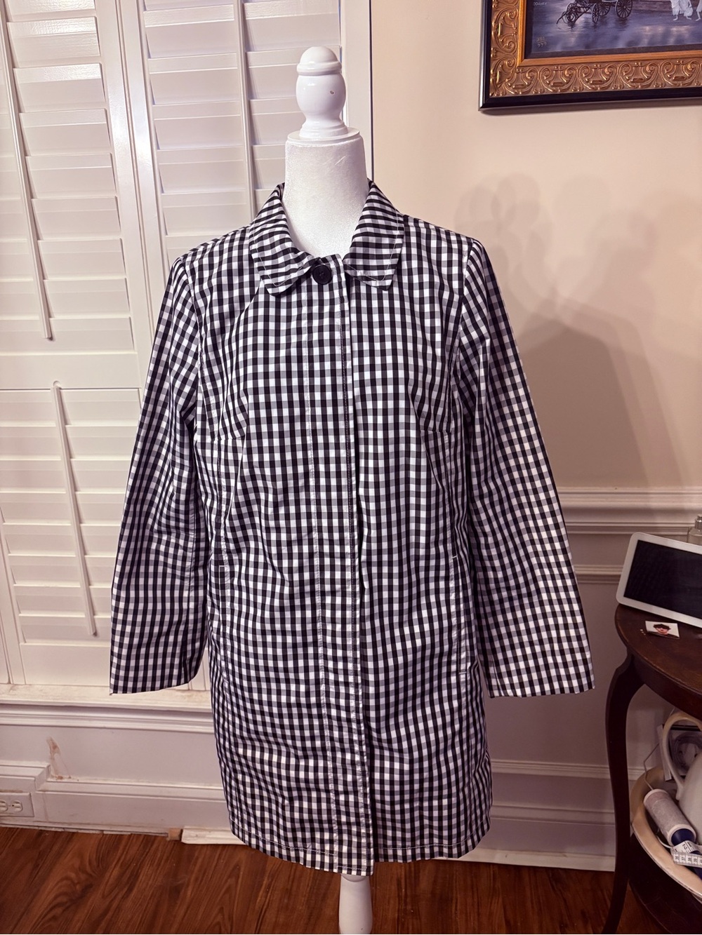 Talbots Black and White Gingham Jacket with Blue Contrast Collar